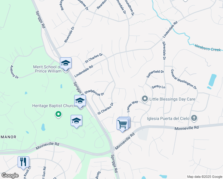 map of restaurants, bars, coffee shops, grocery stores, and more near 5618 Saint Charles Drive in Woodbridge