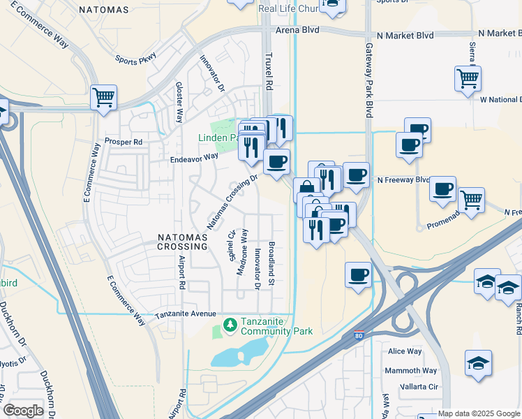 map of restaurants, bars, coffee shops, grocery stores, and more near 3860 Innovator Drive in Sacramento