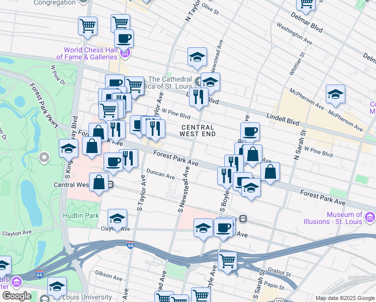 map of restaurants, bars, coffee shops, grocery stores, and more near 4407 Forest Park Avenue in St. Louis