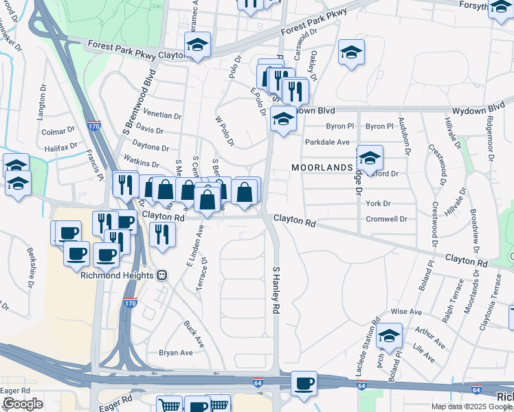 map of restaurants, bars, coffee shops, grocery stores, and more near 925 South Hanley Road in St. Louis