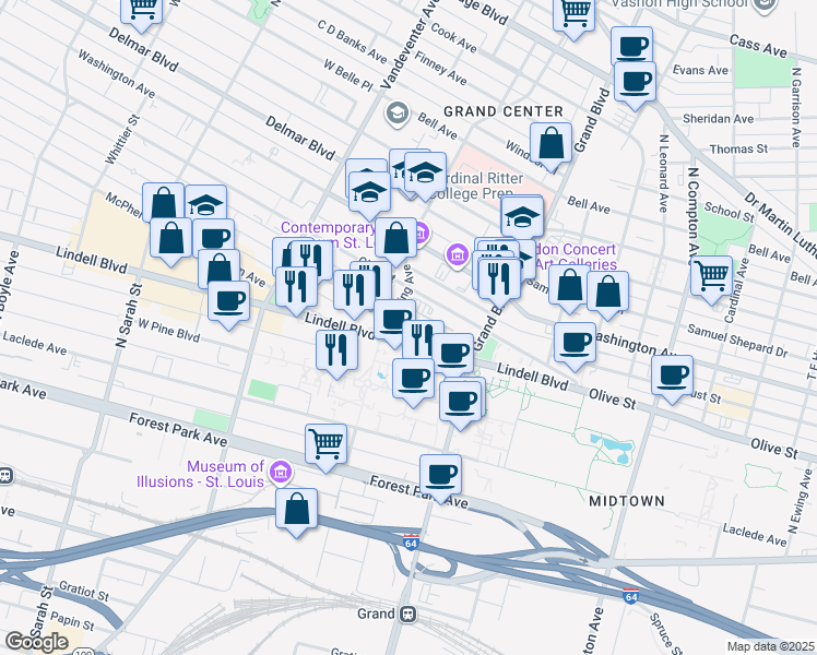 map of restaurants, bars, coffee shops, grocery stores, and more near 3693 Lindell Boulevard in St. Louis