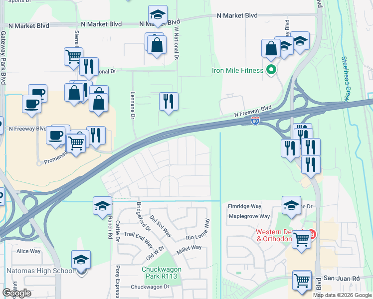 map of restaurants, bars, coffee shops, grocery stores, and more near Berrybridge Street in Sacramento
