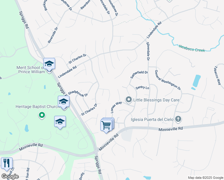 map of restaurants, bars, coffee shops, grocery stores, and more near 5536 Spangler Lane in Woodbridge