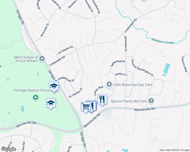 map of restaurants, bars, coffee shops, grocery stores, and more near 5536 Spangler Lane in Woodbridge