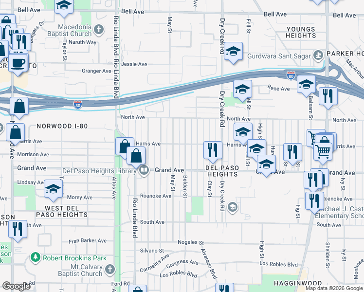 map of restaurants, bars, coffee shops, grocery stores, and more near 1026 Harris Avenue in Sacramento