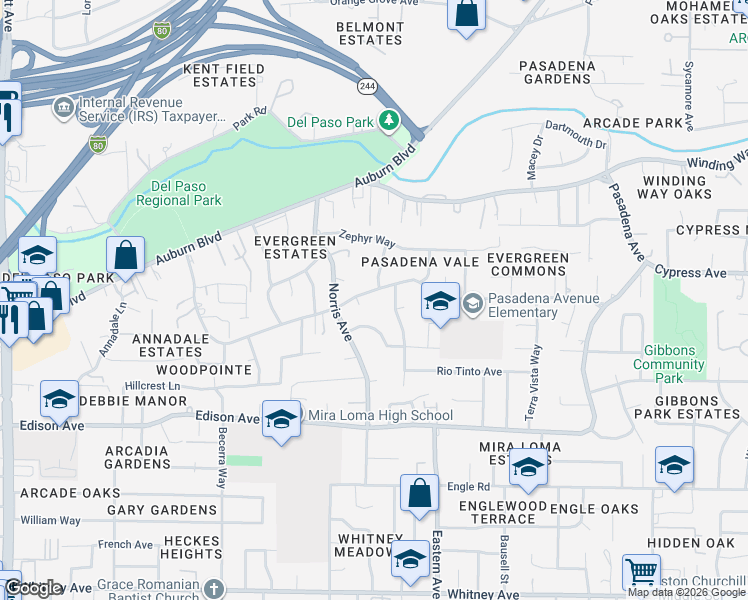 map of restaurants, bars, coffee shops, grocery stores, and more near 3949 Spencer Way in Sacramento