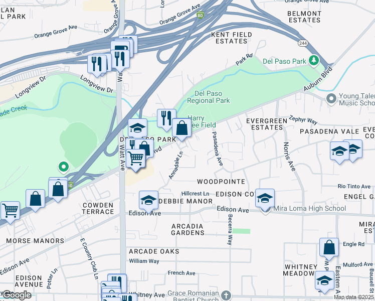 map of restaurants, bars, coffee shops, grocery stores, and more near 3730 Auburn Boulevard in Sacramento
