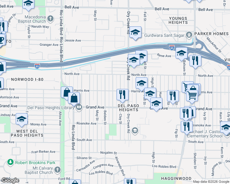 map of restaurants, bars, coffee shops, grocery stores, and more near 1145 Harris Avenue in Sacramento