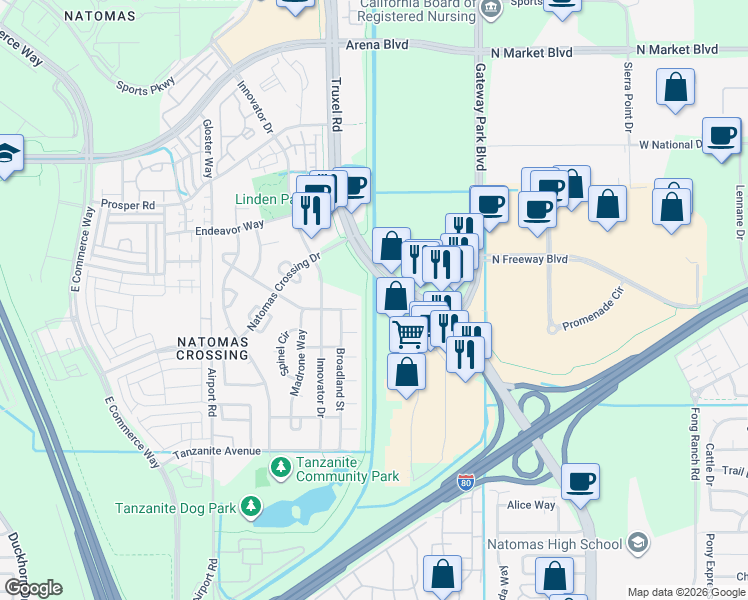 map of restaurants, bars, coffee shops, grocery stores, and more near in Sacramento