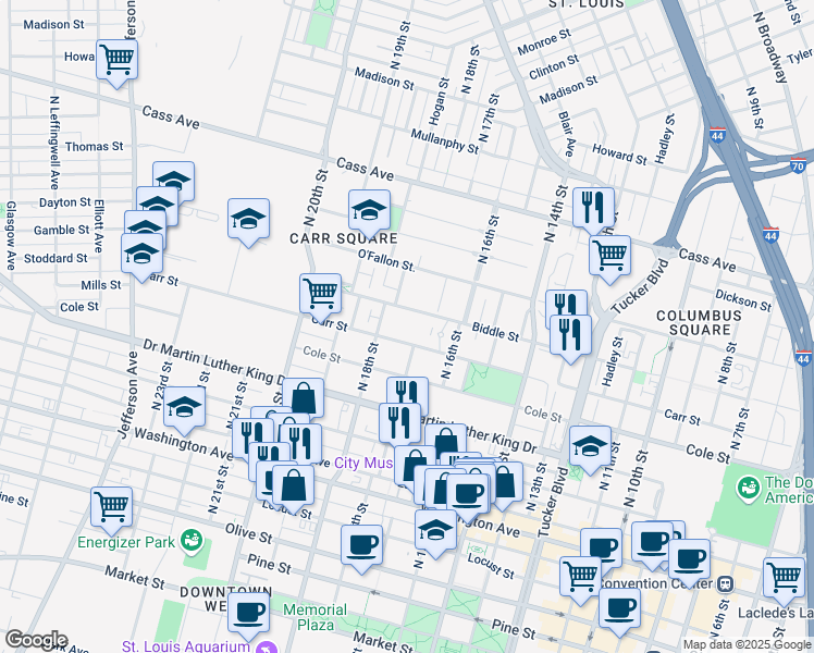 map of restaurants, bars, coffee shops, grocery stores, and more near in St. Louis