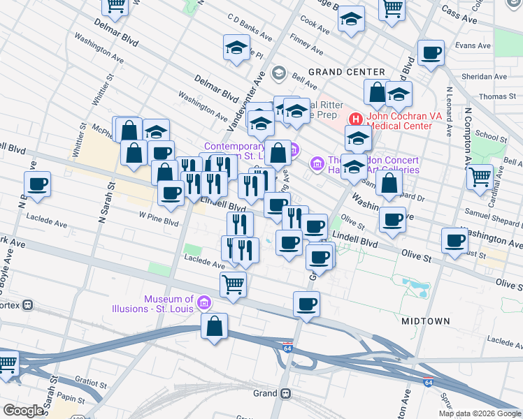 map of restaurants, bars, coffee shops, grocery stores, and more near 3701 Lindell Boulevard in St. Louis