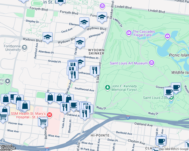 map of restaurants, bars, coffee shops, grocery stores, and more near 6227 Northwood Avenue in St. Louis