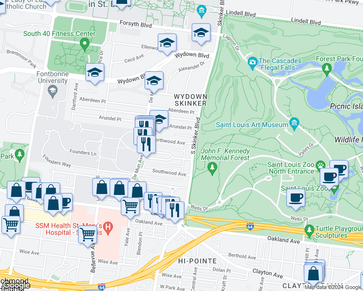 map of restaurants, bars, coffee shops, grocery stores, and more near 6227 Northwood Avenue in St. Louis