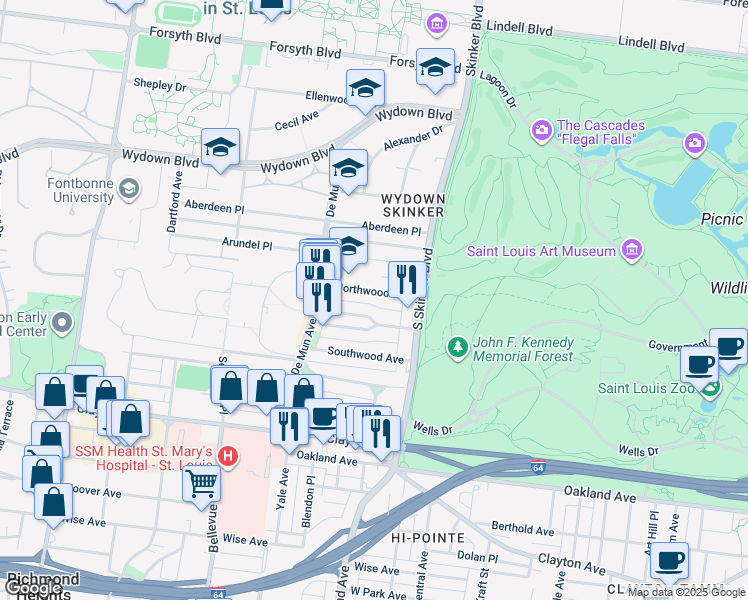 map of restaurants, bars, coffee shops, grocery stores, and more near 6310 Northwood Avenue in Clayton