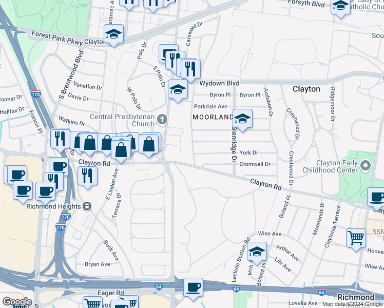map of restaurants, bars, coffee shops, grocery stores, and more near 7571 York Drive in Clayton