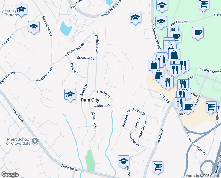 map of restaurants, bars, coffee shops, grocery stores, and more near 3111 Bradford Street in Woodbridge