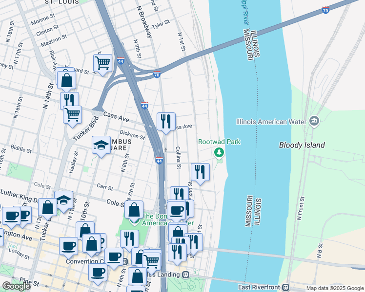map of restaurants, bars, coffee shops, grocery stores, and more near 1400 Collins St in St Louis
