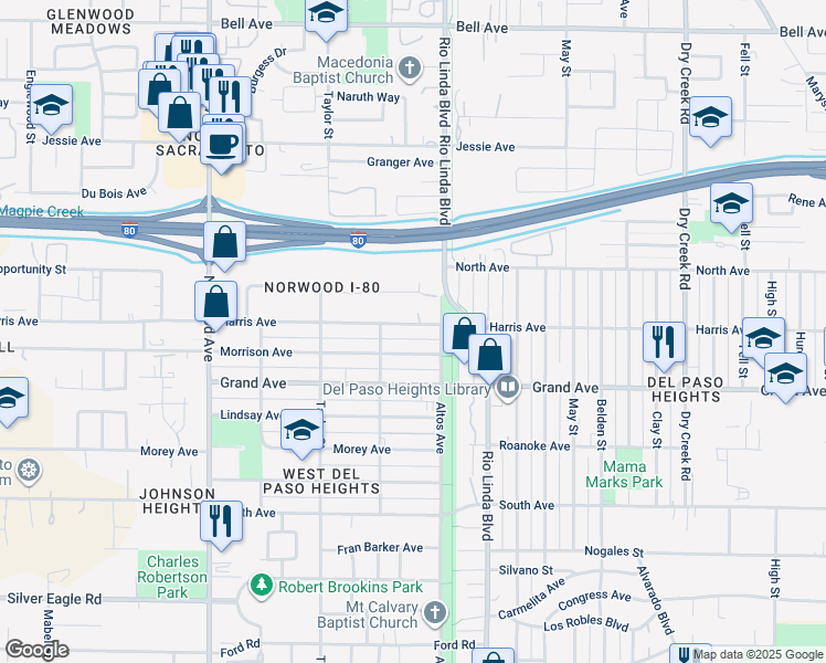 map of restaurants, bars, coffee shops, grocery stores, and more near 724 Harris Avenue in Sacramento