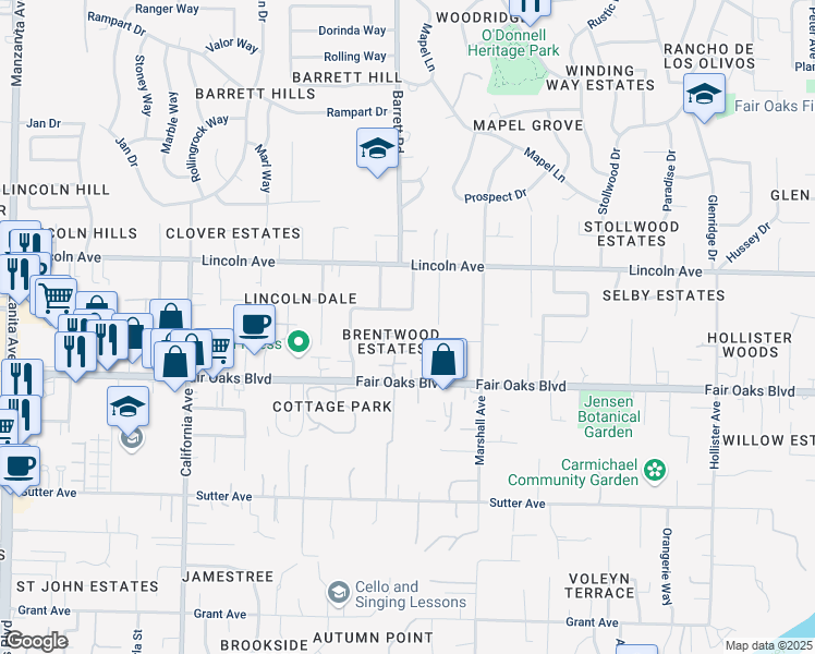 map of restaurants, bars, coffee shops, grocery stores, and more near 4048 Alex Lane in Carmichael