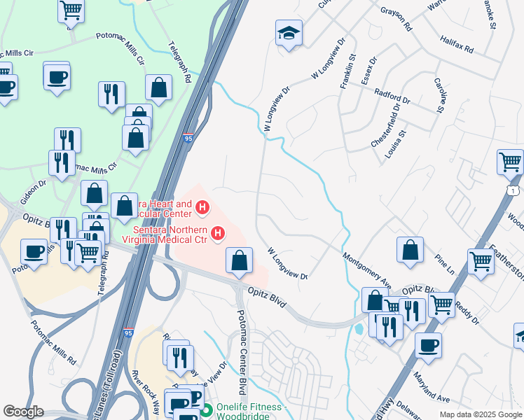 map of restaurants, bars, coffee shops, grocery stores, and more near 2240 West Longview Drive in Woodbridge