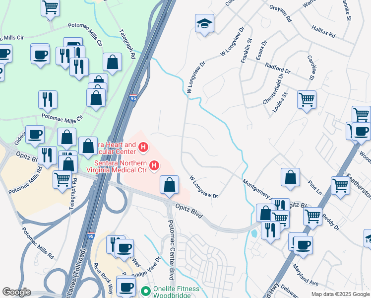 map of restaurants, bars, coffee shops, grocery stores, and more near 2240 West Longview Drive in Woodbridge
