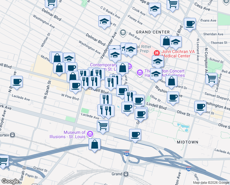 map of restaurants, bars, coffee shops, grocery stores, and more near 3701 Lindell Boulevard in St. Louis