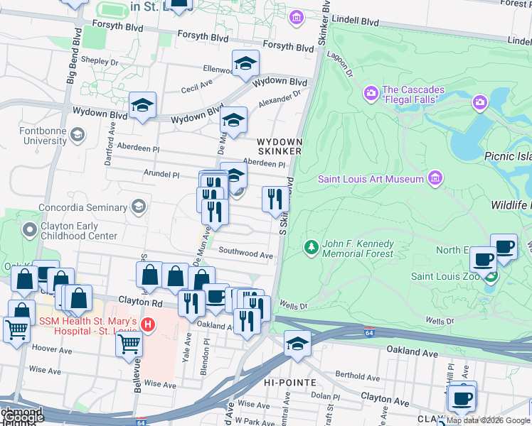 map of restaurants, bars, coffee shops, grocery stores, and more near 6227 Northwood Avenue in St. Louis