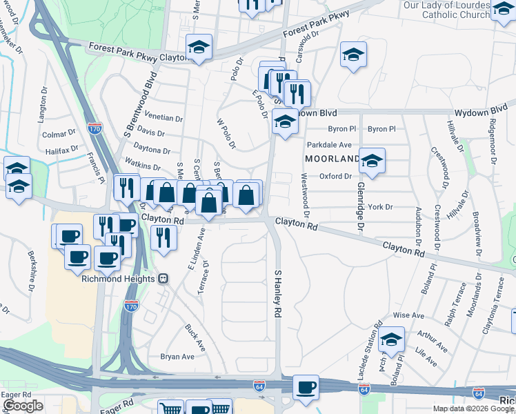 map of restaurants, bars, coffee shops, grocery stores, and more near 925 South Hanley Road in St. Louis