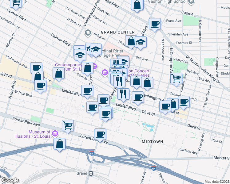 map of restaurants, bars, coffee shops, grocery stores, and more near in St. Louis