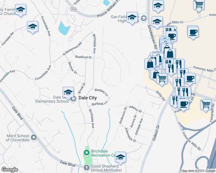 map of restaurants, bars, coffee shops, grocery stores, and more near 3111 Bradford Street in Woodbridge