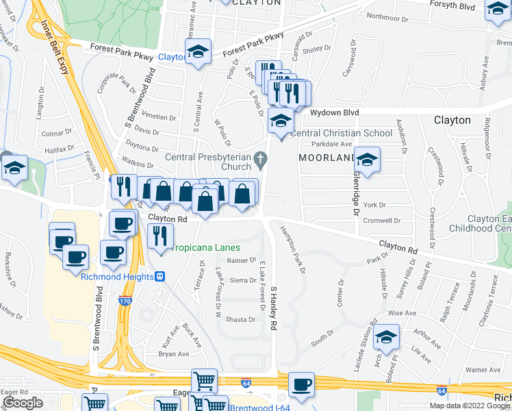 map of restaurants, bars, coffee shops, grocery stores, and more near 925 South Hanley Road in St. Louis
