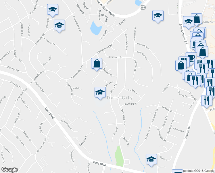 map of restaurants, bars, coffee shops, grocery stores, and more near 3495 Bonita Court in Woodbridge