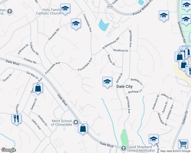 map of restaurants, bars, coffee shops, grocery stores, and more near 3522 Forestdale Avenue in Woodbridge