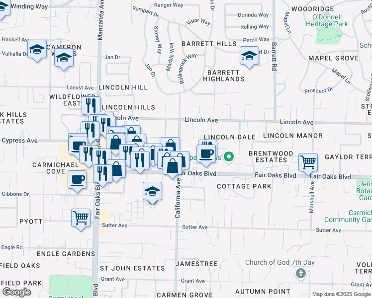 map of restaurants, bars, coffee shops, grocery stores, and more near 4102 California Avenue in Carmichael