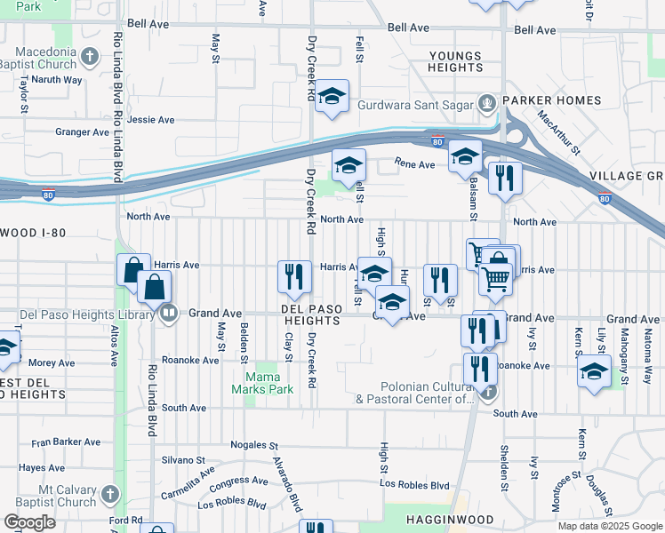 map of restaurants, bars, coffee shops, grocery stores, and more near 3900 Alder Street in Sacramento