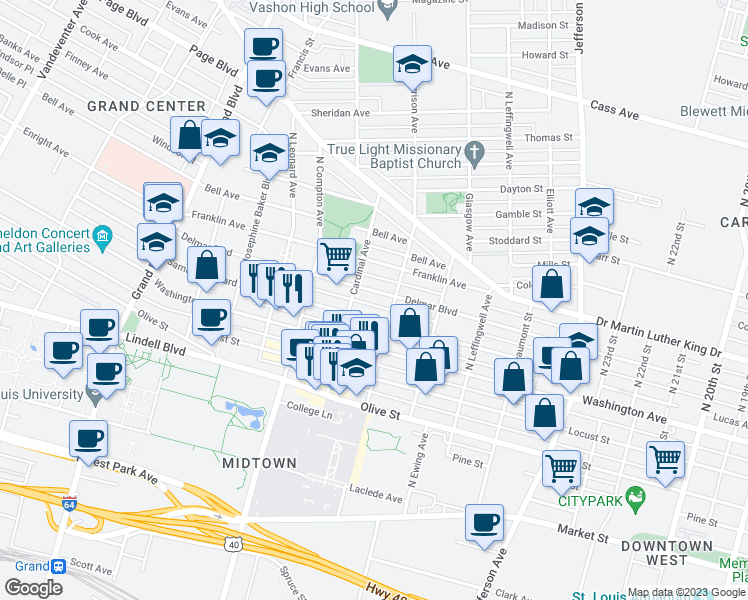 map of restaurants, bars, coffee shops, grocery stores, and more near 3040 Delmar Boulevard in St. Louis