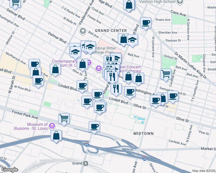 map of restaurants, bars, coffee shops, grocery stores, and more near in St. Louis