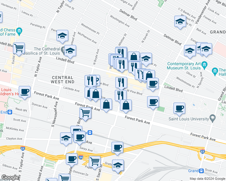 map of restaurants, bars, coffee shops, grocery stores, and more near 4132 West Pine Boulevard in St. Louis