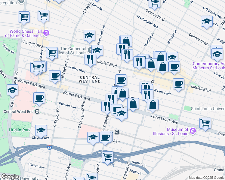 map of restaurants, bars, coffee shops, grocery stores, and more near 4303 Laclede Avenue in St. Louis
