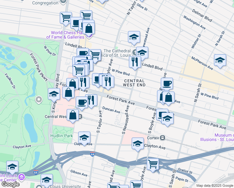 map of restaurants, bars, coffee shops, grocery stores, and more near 4471 Forest Park Avenue in St. Louis