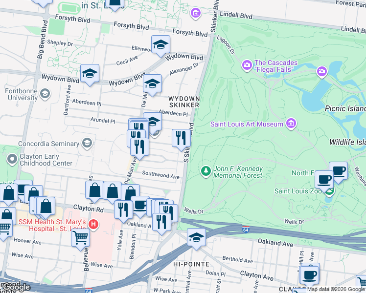 map of restaurants, bars, coffee shops, grocery stores, and more near 6227 Northwood Avenue in St. Louis