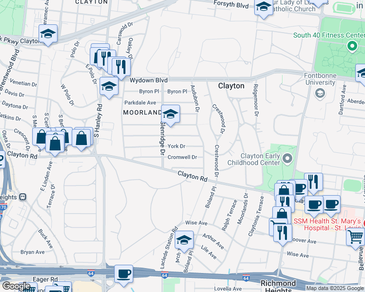 map of restaurants, bars, coffee shops, grocery stores, and more near 7447 York Drive in Clayton