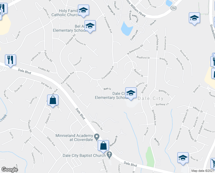 map of restaurants, bars, coffee shops, grocery stores, and more near 3534 Bath Court in Woodbridge