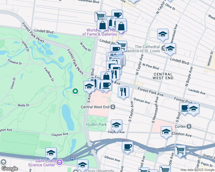 map of restaurants, bars, coffee shops, grocery stores, and more near 4921 Parkview Place in Saint Louis