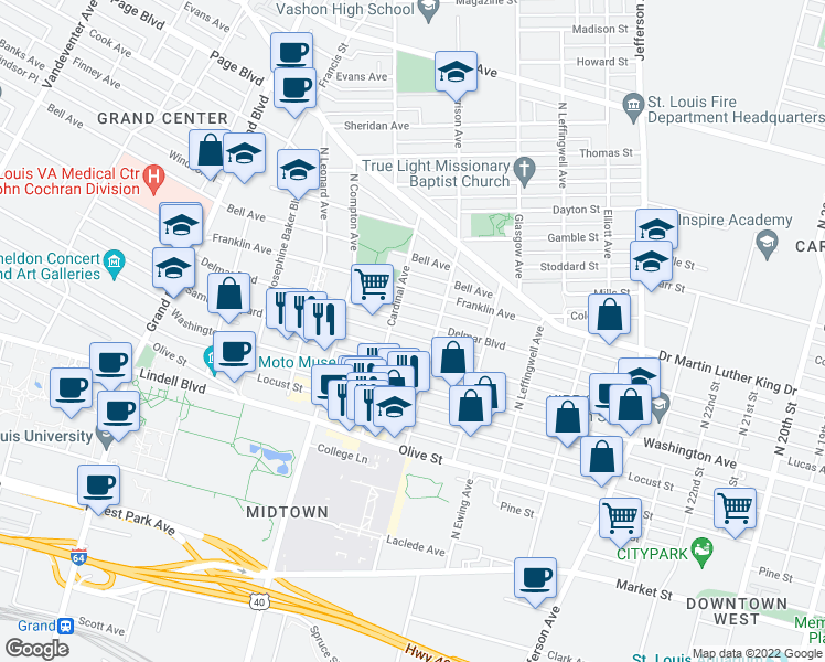 map of restaurants, bars, coffee shops, grocery stores, and more near 3040 Delmar Boulevard in Saint Louis