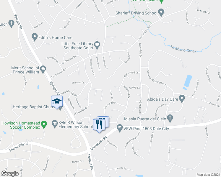 map of restaurants, bars, coffee shops, grocery stores, and more near 14589 Marr Court in Woodbridge