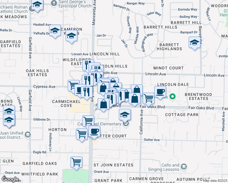 map of restaurants, bars, coffee shops, grocery stores, and more near 4046 Wayside Ln in Carmichael