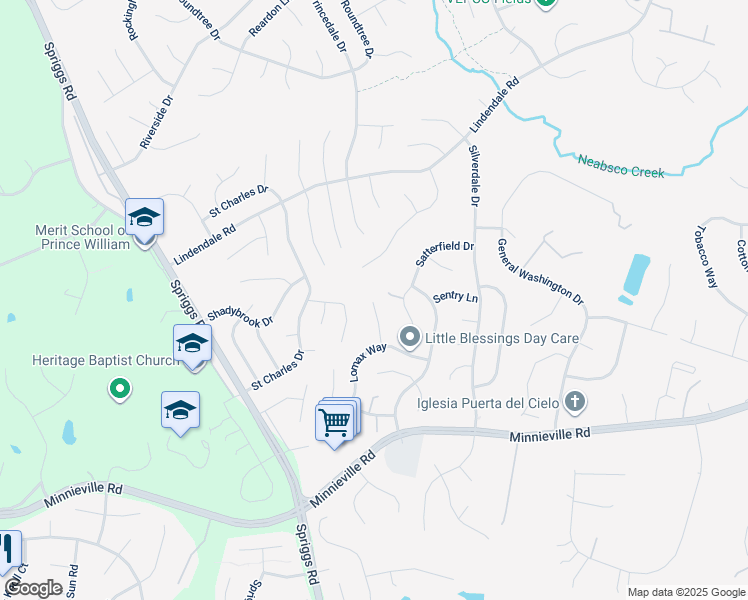 map of restaurants, bars, coffee shops, grocery stores, and more near 14589 Marr Court in Woodbridge