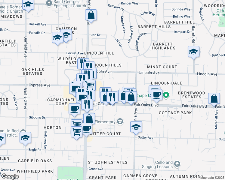 map of restaurants, bars, coffee shops, grocery stores, and more near 4046 Wayside Lane in Carmichael