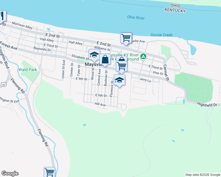 map of restaurants, bars, coffee shops, grocery stores, and more near 505 Florence Street in Maysville